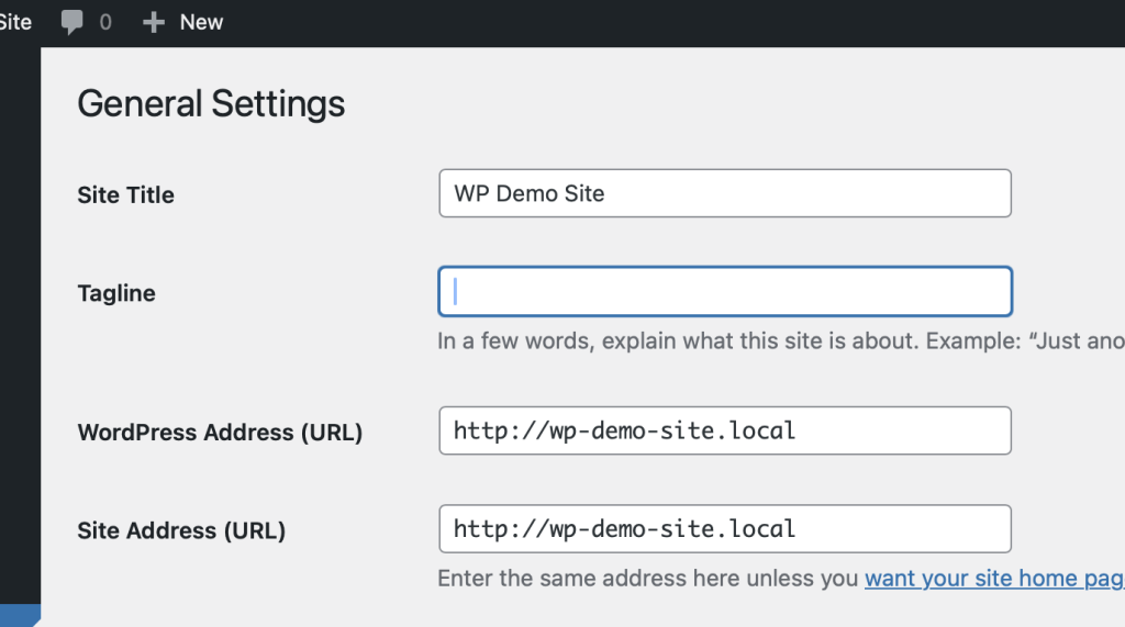 The upper section of the WordPress general settings page